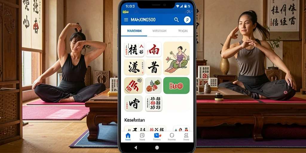 Antarmuka pengguna MAHJONG500 yang menampilkan sesi yoga interaktif.